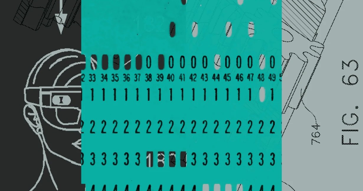 איור של TypeSafe מהשקת Jev: כרטיס ניקוב על רקע שרטוטים טכניים